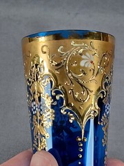 Bohemian Moser Type Hand Enameled Floral & Gold Scrollwork Cobalt Juice Glass B
