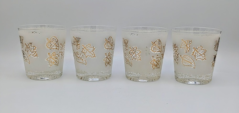 Vintage Frosted Leaf Pattern Rocks Glasses Set of 4 Gold White