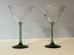 Libbey Courbe Martini Glasses Wavy Green Stems Crooked Zig Zag Barware Set of 2