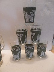 JEANNETTE GLASS HELLENIC GREEN Pitcher Goddess TUMBLER GREEK Neo Classical Set