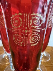Italian Champagne Flutes Set 6 Ruby Red Gold Scroll Glass 8.5”