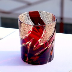 J29 Edo Kiriko Glass Overlay Glass 9Ounces Amber Red Hand Cutting Whiskey Cup