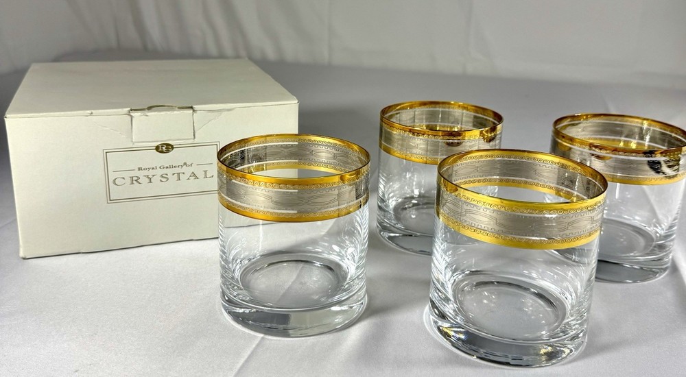 Vintage Set Of 4 Royal Gallery of Crystal Gold Buffet Double Old Fashioned. New
