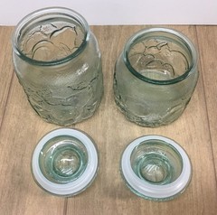 Vintage Libbey Orchard Fruit Canisters Light Aqua Green 8’’ & 6 1/2’’………….[S3-3]