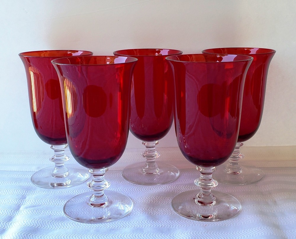 Superb Set of Five Vintage Ruby Red Footed Goblets