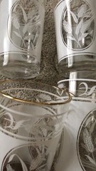 VTG Wheat Print Glass Drinking Glasses Set Of 4 Clear White Gold Trim
