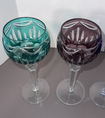 Four (4) Bohemian Cobalt Cut to Clear 8 3/8″ Wine Hock Glass / Goblet / Stem