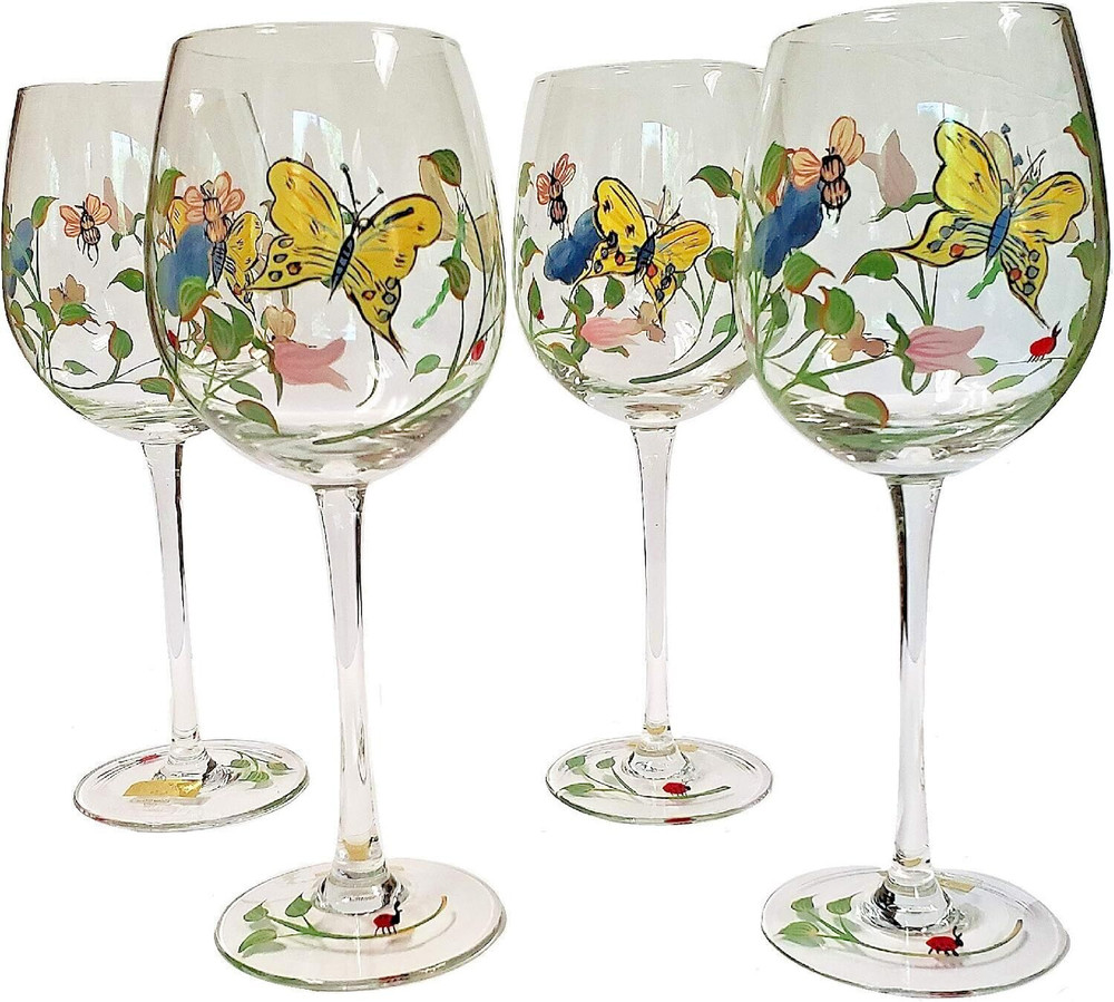 VTG Lenox Butterfly Meadow Hand Painted Crystal Wine Glasses Goblet Set of 7