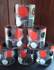 Set Of 6 Morgan MCM Polka-dot Lowball Glasses Red Black White Polka-dots
