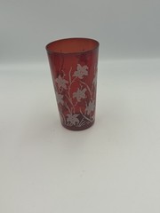 Vintage Ruby Red Juice Glasses 4.5” White Flowers Set Of 5