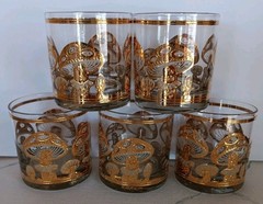 5 Vtg 22K Gold Overlay Culver Mushroom Rocks Glasses MCM Barware 3.5″ Excellent