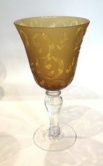 Set Of 6 Vintage Amber Etched Frosted Art Glass Wine Water Goblets 8 1/4”