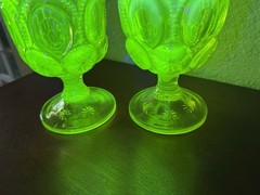 L G Wright/L E Smith Moon & Stars Yellow/Vaseline OPALESCENT GOBLET 6” Set 2