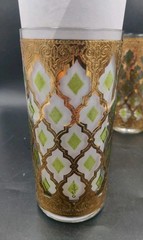 3 Vintage Culver Glass Valencia High Ball Glass 22k Gold Green MCM Barware EVC
