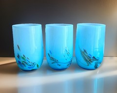 Dalian MCM Cased Hand Blown Art Glass Blue Multicolor 3 Tumbler Set