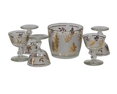 Vintage Libbey Golden Foliage Ice Bucket & 4 Coupe Glasses 22K Gold Leaf MCM