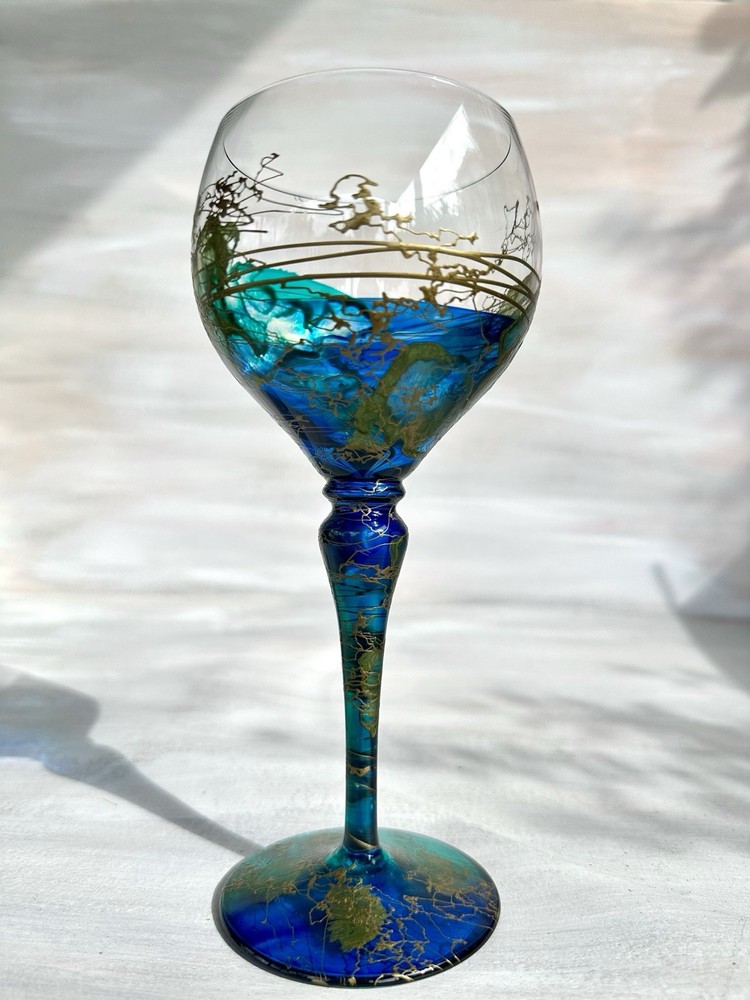 Vintage Mouth Blown Hand Painted Art Glass Wine Goblet 7” Romania
