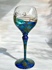Vintage Mouth Blown Hand Painted Art Glass Wine Goblet 7” Romania