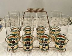 VTG (8) MCM Highball Glasses 22K Gold Stripes w/Green Patterns+Metal CarryCaddy