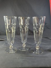 3 Libbey Stardust Pilsner Fluted Stem Glasses Stars Gray Cutting 8.5″ 1950’s