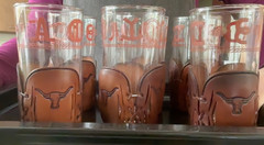 6 (SIX) LIBBEY Bamco Texas Longhorn Highball Glasses Leather Koozies 5.5”