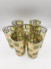 Culver Prado Green Gold High Ball Vintage Drinking Glasses Tumblers Set of 7 MCM
