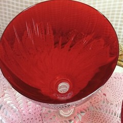 SET 4 Ruby Red Lined Pattern Wine ~ Water~ Clear Stems 7″ TAll ~10 OZ.