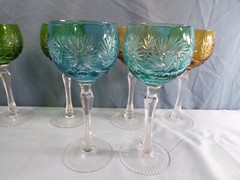 8 Bohemian Cut-to-Clear Crystal Wine Hocks Goblets Green Blue Cranberry Amber