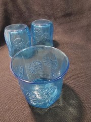 Vintage Anchor Hocking Spring Song Daisy Blue Juice Glass Set/2 Mid Century USA