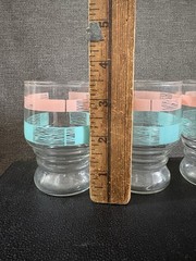 Vintage MCM Anchor Hocking Juice Glasses Pink Aqua ~ Ribbon Pastel 3 3/8” Set 3
