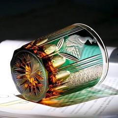 Amber Green Whiskey Glasses Japanese Style Hand Cut Crystal Kiriko Glass 8.5oz