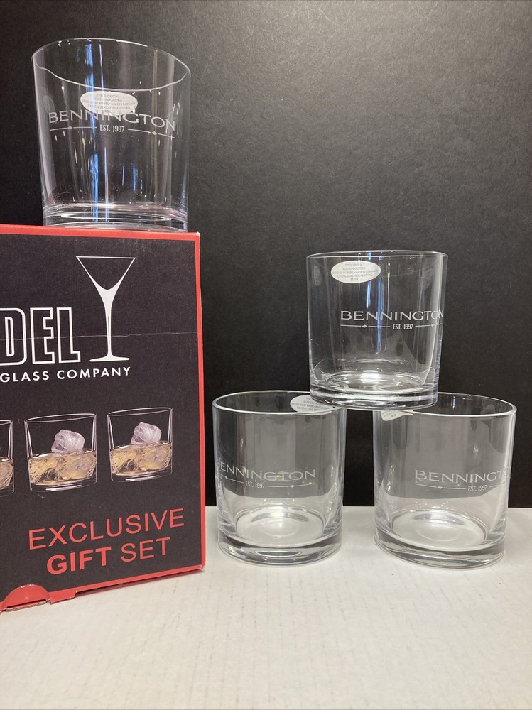 Riedel Barware 4 Old Fashion Glasses Etched Bennington Logo Austria Crystal Boat