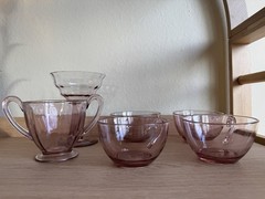 Six-Piece Pink Depression Glass set, cups, cocktail glass, and Sugar Bowl Set
