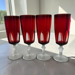 Cristal d’Arques Durand Ruby Red Gothic Arch Champagne Flutes Vintage Set of 4