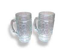Set 2 Vintage MCM Quilt Glass Footed Handled Tumbler Diamond Pattern Mugs 21 /10