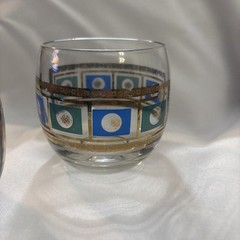 Set of 2 Vintage Culver Roly Poly Blue Green 22K Gold On the Rocks Glasses