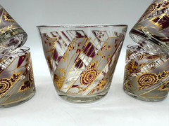 VTG Culver Gold Red Chrysanthemum Rocks Glasses Set of 4 With Ice Bucket Barware