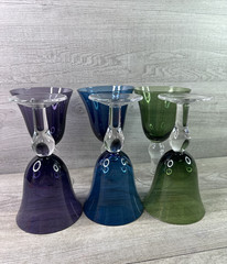 Lot Of 6 Handblown 8” Art Glass Wine Water Stemware 2-Purple 2-Green 2-Blue