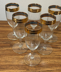 Vtg Blown Glass Gold Encrusted Rim 5 7/8″ Champagne Flutes Set of 6