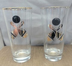 Vintage MCM Bowling Black & Gold Print Cocktail Glasses 2 piece set 50s 60s