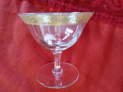 ANTIQUE FLORAL LACE GOLD RIMMED WAVY FOOTED SHERBET/DESSERT/CORDIAL GLASS~VEUC