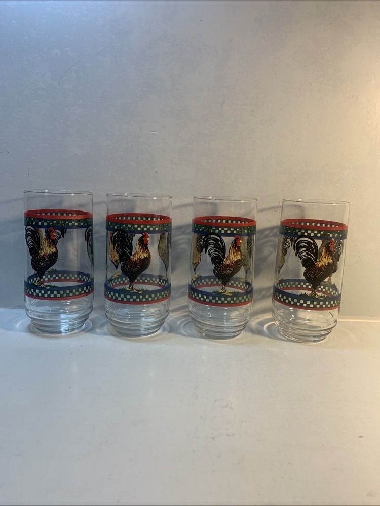 Set of 4 Vintage Ella’s Rooster Pattern Glass Tumblers 5 7/8″