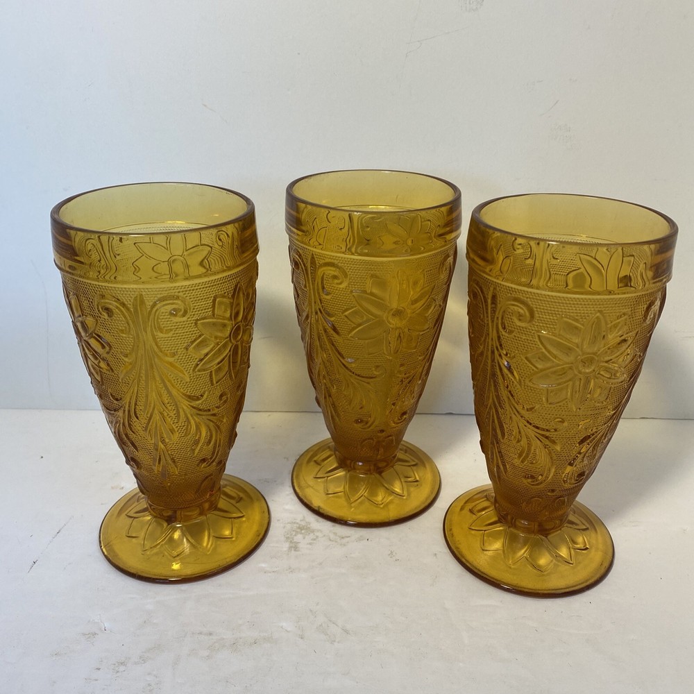 Indiana Tiara Pressed Sandwich Glass Amber Ice Tea Glasses Tumbler Cup Set of 3