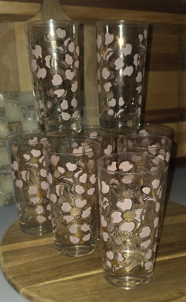 MCM Fred Press Pink & Gold Dogwood Highball Glasses Vintage Barware Cocktail Set