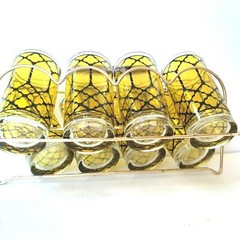 Mid-Century Libbey Tumbler Glasses Yellow & Black in Metal Caddy 8-Set Vintage