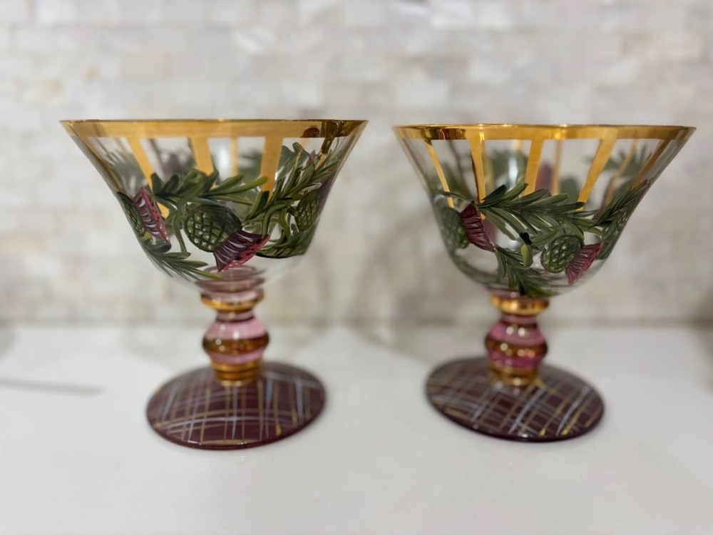 Mackenzie Childs Thistle Circus Sherbet Sorbet Champagne Glasses Set Of 2 New