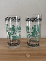 Pair of Vintage MCM Drinking Glasses with Victorian Park Scene Dogs Bicycle