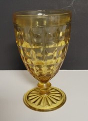 VTG MCM Pressed Glass Amber 5.5″ Bullseye Rectangles Star Cut Foot Goblet