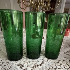 Set of 3 Green Glass Tumbler Glasses, White Decorated Design Drinking Tumblers