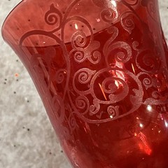2 Ruby Red Flash Painted, Scroll Design Print, Crystal Detail Stem Wine Glasses